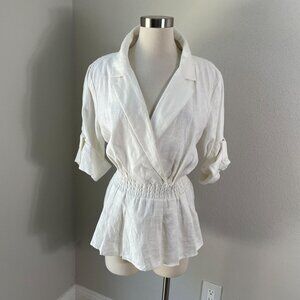 NEW Donna Karan Womens XL Ivory 100% Linen Top Elastic Waist Roll Tab Sleeve